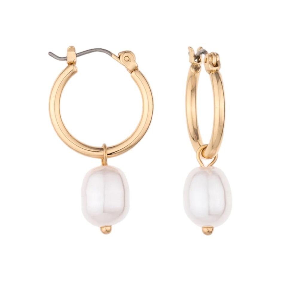 Charged Brand Pearl Huggie Hoops Goldtone NWT Pierced Earrings - Picture 2 of 5